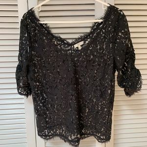 Joie Sheer Black Floral Lace Ballet V Neck Short Sleeve Blouse Medium